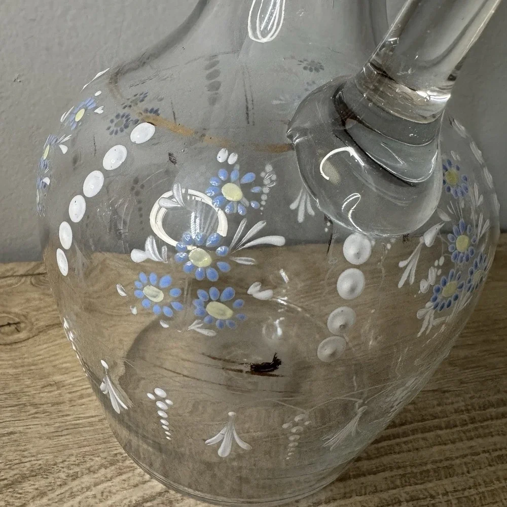 Vintage Clear Glass‎ Decanter Jug Ewer Hand Painted Floral Enamel Stopper MCM